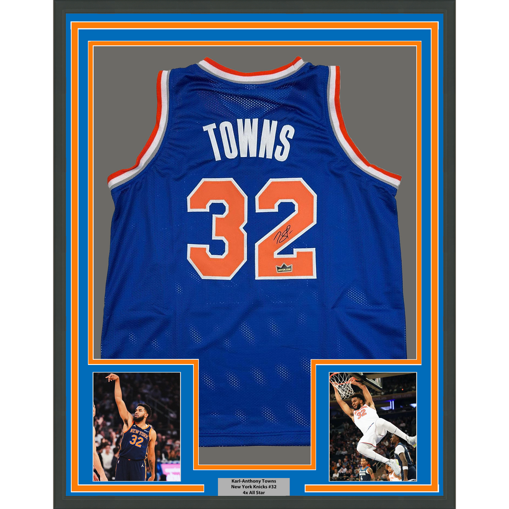 Framed Facsimile Autographed Karl-Anthony Towns 35x39 New York Blue Reprint Laser Auto Basketball Jersey (ONLINE ORDER ONLY)