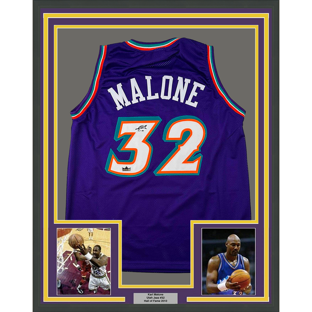 Framed Facsimile Autographed Karl Malone 35x39 Utah Jazz Reprint Laser Auto Basketball Jersey (ONLINE ORDER ONLY)