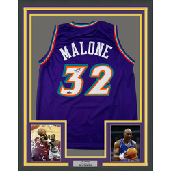 Framed Facsimile Autographed Karl Malone 35x39 Utah Jazz Reprint Laser Auto Basketball Jersey (ONLINE ORDER ONLY)