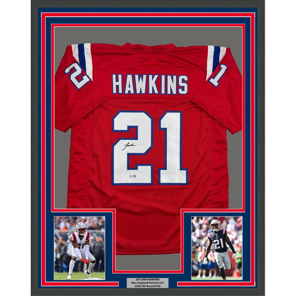 Framed Autographed/Signed Jaylinn Hawkins 35x39 New England Red Football Jersey Beckett BAS COA