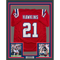 Framed Autographed/Signed Jaylinn Hawkins 35x39 New England Red Football Jersey Beckett BAS COA