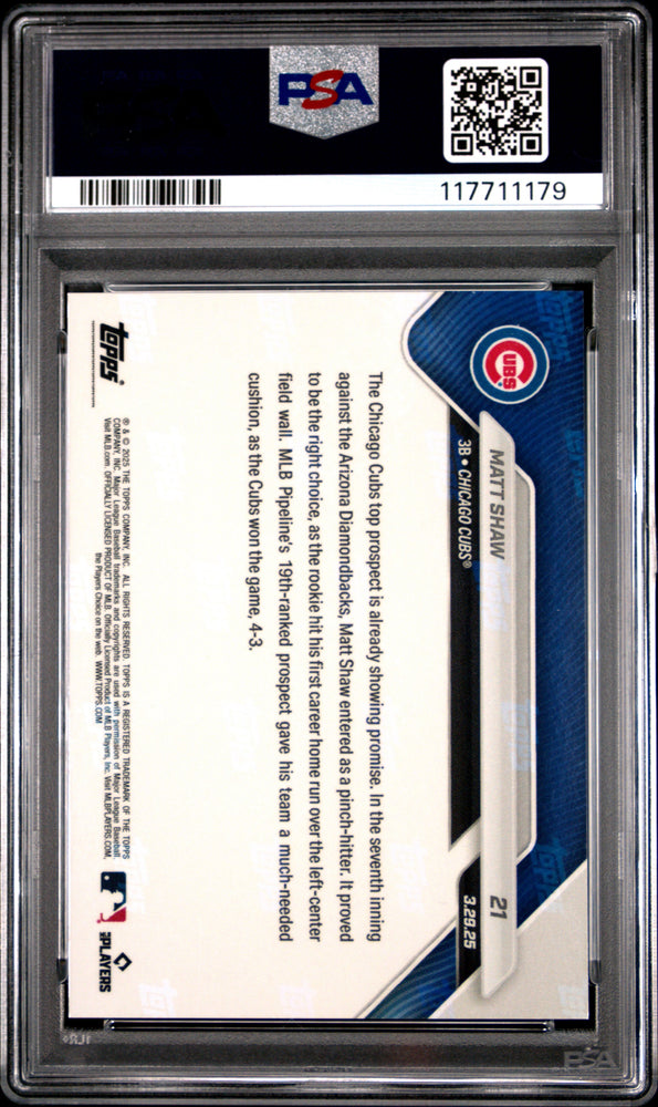 Graded 2025 Topps Now Matt Shaw #21 Rookie RC Baseball Card PSA 9 Mint (ONLINE ORDER ONLY)