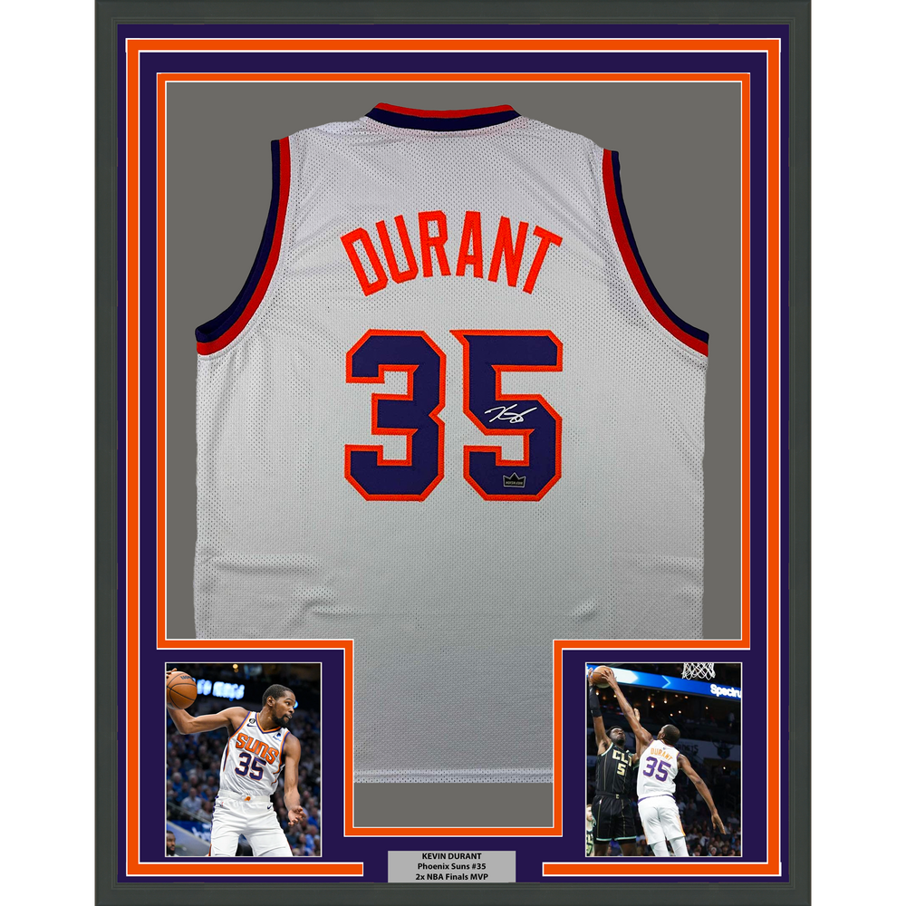Framed Facsimile Autographed Kevin Durant 35x39 Phoenix White Reprint Laser Auto Basketball Jersey (ONLINE ORDER ONLY)