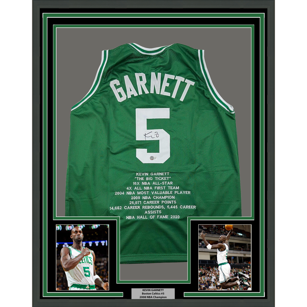 Framed Autographed/Signed Kevin Garnett 35x39 Boston Green Stat Basketball Jersey Beckett BAS COA