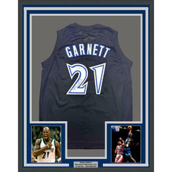 Framed Autographed/Signed Kevin Garnett 35x39 Minnesota Black Basketball Jersey Beckett BAS COA