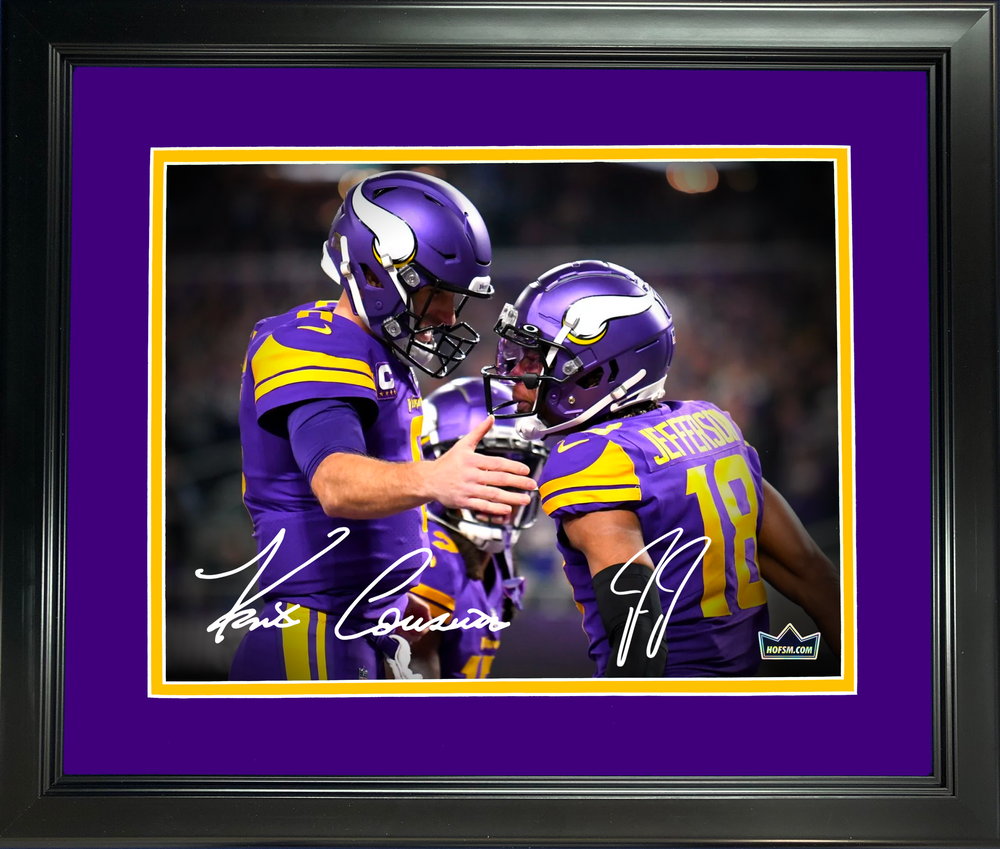 Framed Kirk Cousins & Justin Jefferson Minnesota Vikings Dual Facsimile Laser Engraved Signature Auto 11"x14" Football Photo HOFSM Holo (ONLINE ORDER ONLY)