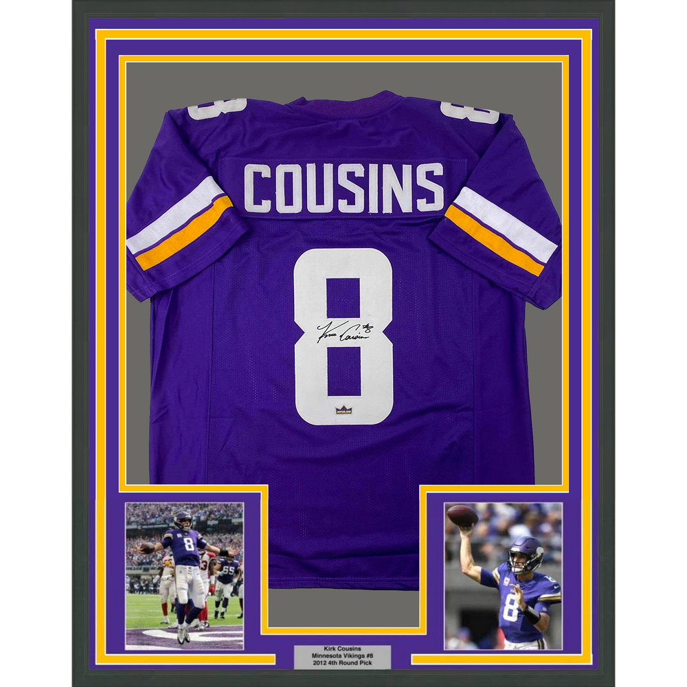 Framed Facsimile Autographed Kirk Cousins 35x39 Minnesota Purple Reprint Laser Auto Football Jersey Size Men's XL (ONLINE ORDER ONLY)
