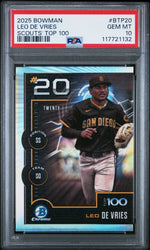 Graded 2025 Topps Bowman Leo De Vries #BTP20 Scouts Top 100 Rookie RC Baseball Card PSA 10 Gem Mint (ONLINE ORDER ONLY)