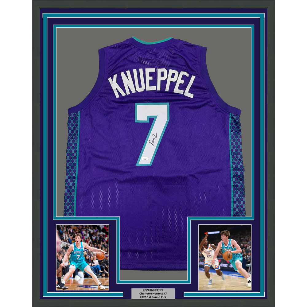 Framed Autographed/Signed Kon Knueppel 35x39 Charlotte Purple Basketball Jersey JSA COA