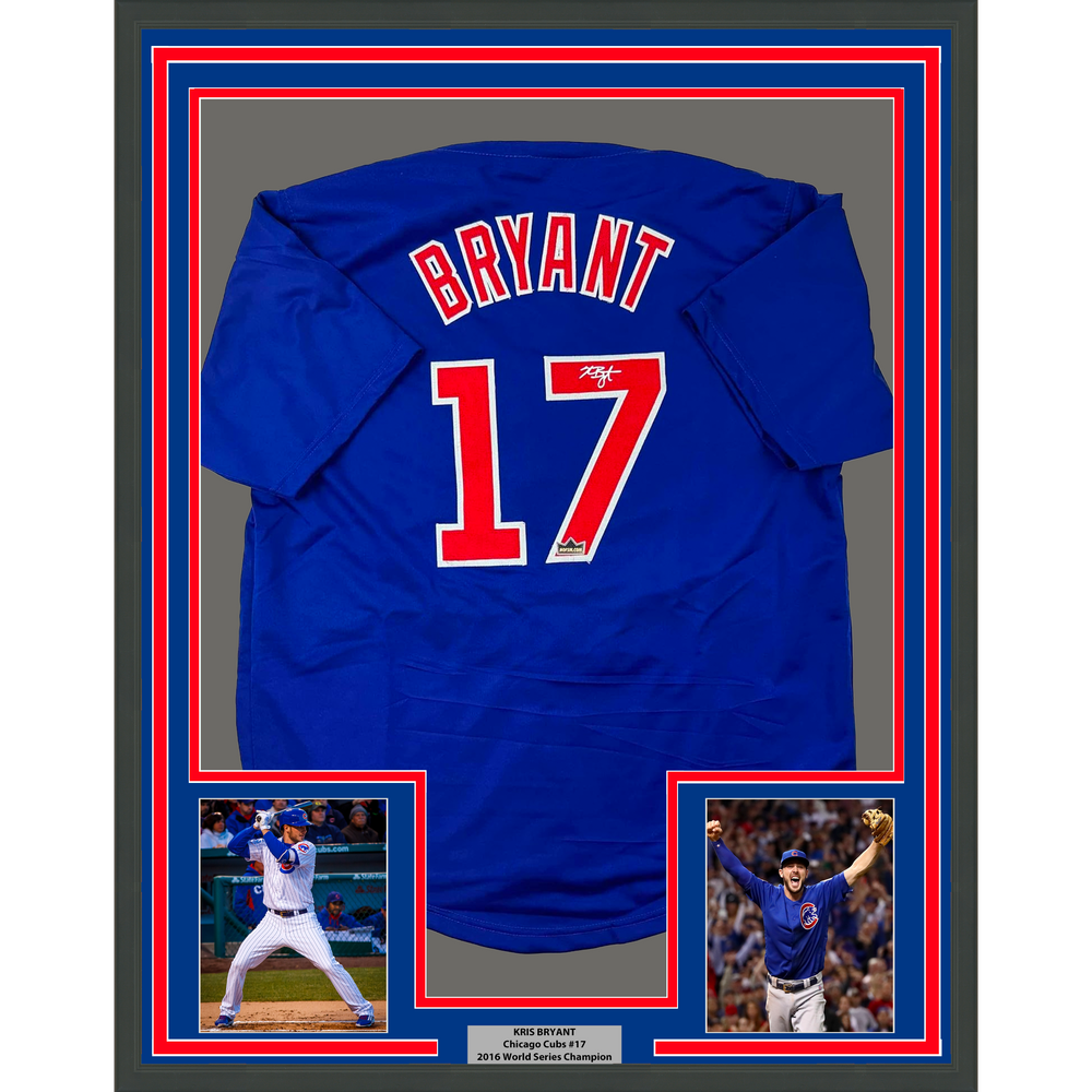 Framed Facsimile Autographed Kris Bryant 35x39 Chicago Blue Reprint Laser Auto Baseball Jersey (ONLINE ORDER ONLY)