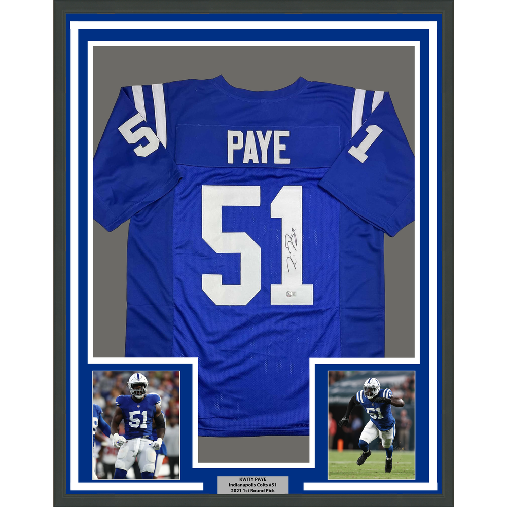 Framed Autographed/Signed Kwity Paye 35x39 Indianapolis Blue Football Jersey Beckett BAS COA