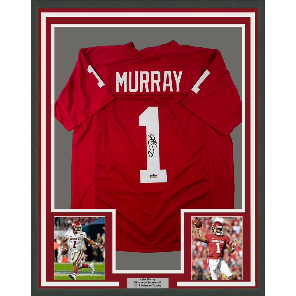 Framed Facsimile Autographed Kyler Murray 35x39 Oklahoma Red Reprint Laser Auto College Football Jersey (ONLINE ORDER ONLY)