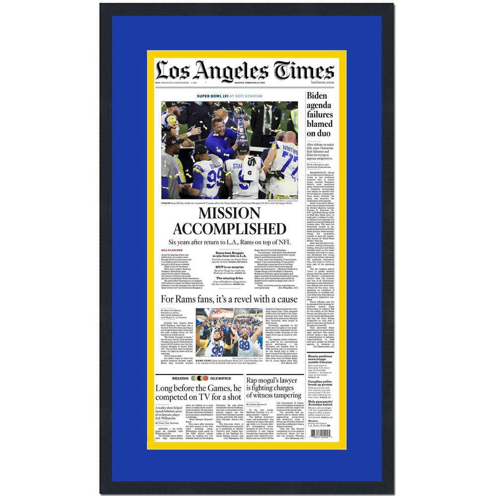 Framed Los Angeles Times LA Rams Mission Accomplished Super Bowl LVI 56 Champions 14x24 Football Newspaper Cover Photo Professionally Matted V1 (ONLINE ORDER ONLY)