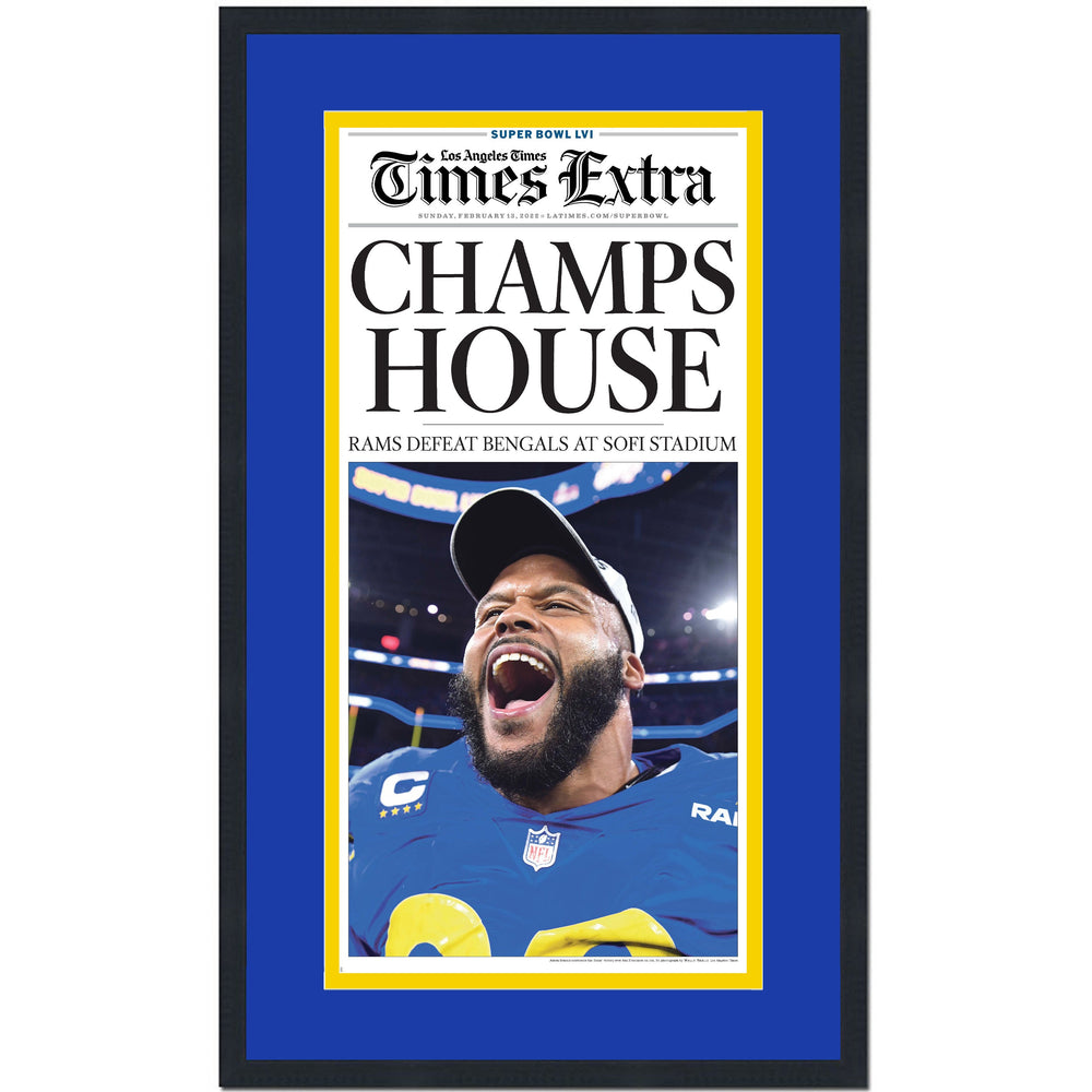 Framed Los Angeles Times Extra Champs House LA Rams Super Bowl LVI 56 Champions 14x24 Football Newspaper Cover Photo Professionally Matted V3