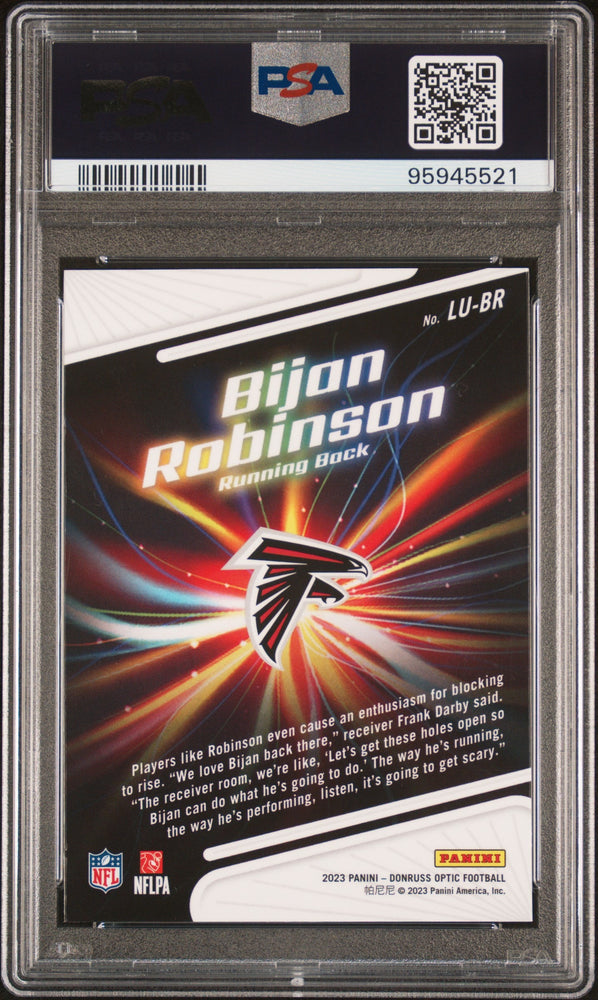Graded 2023 Panini Donruss Optic Bijan Robinson #LUBR Light It Up Rookie RC Football Card PSA 10 Gem Mint (ONLINE ORDER ONLY)