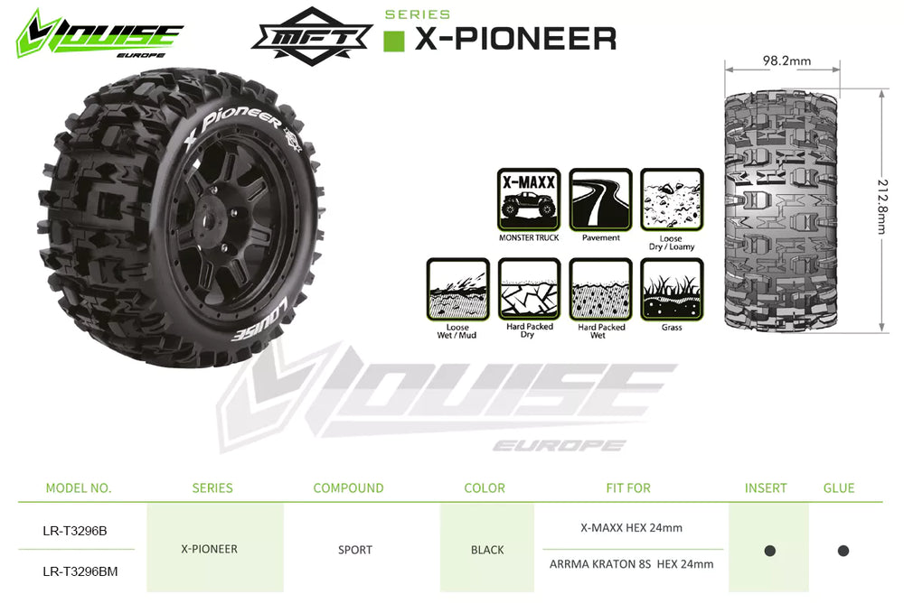 Louise RC MFT X-Pioneer Monster Truck Belted Tires Mounted 24mm Hex Arrma Kraton 8S (2) LT3296BM (ONLINE ORDER ONLY)