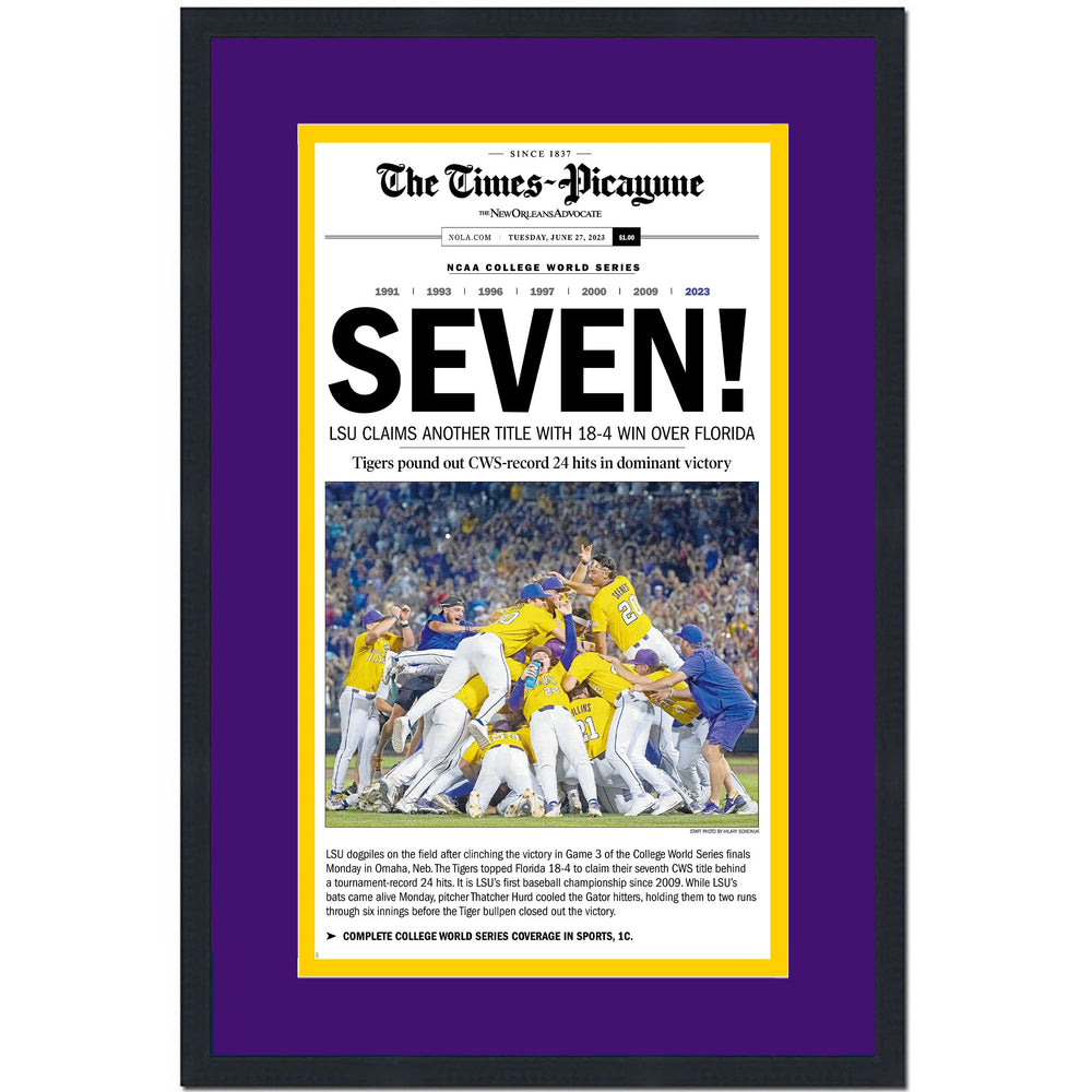 Framed The Times-Picayune New Orleans Advocate Seven LSU Tigers 2023 College Baseball World Series NCAA National Champions 14x24 Newspaper Cover Photo Professionally Matted V1 (ONLINE ORDER ONLY)
