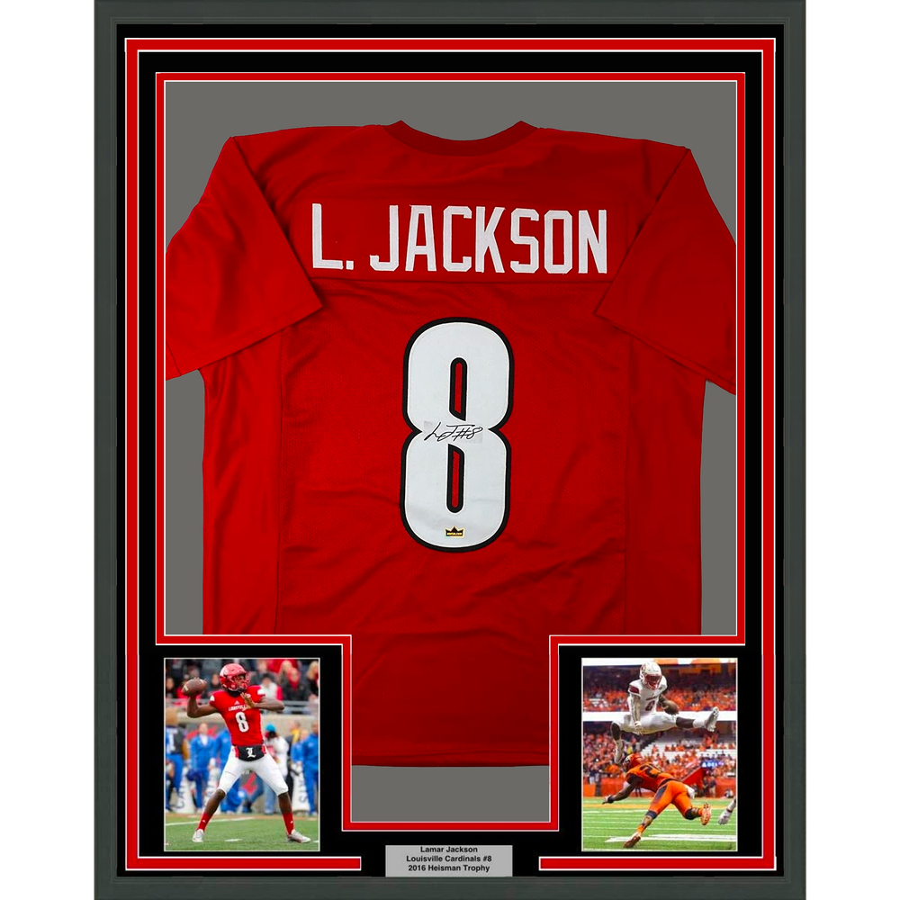 Framed Facsimile Autographed Lamar Jackson 35x39 Louisville Red Reprint Laser Auto College Football Jersey Size Men's XL (ONLINE ORDER ONLY)