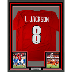 Framed Facsimile Autographed Lamar Jackson 35x39 Louisville Red Reprint Laser Auto College Football Jersey Size Men's XL (ONLINE ORDER ONLY)