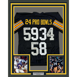 Framed Autographed/Signed Jack Ham, Jack Lambert, and Andy Russell Inscribed "24 Pro Bowls", "HOF 88" & "HOF 90" 35x39 Pittsburgh Black Football Jersey JSA COA