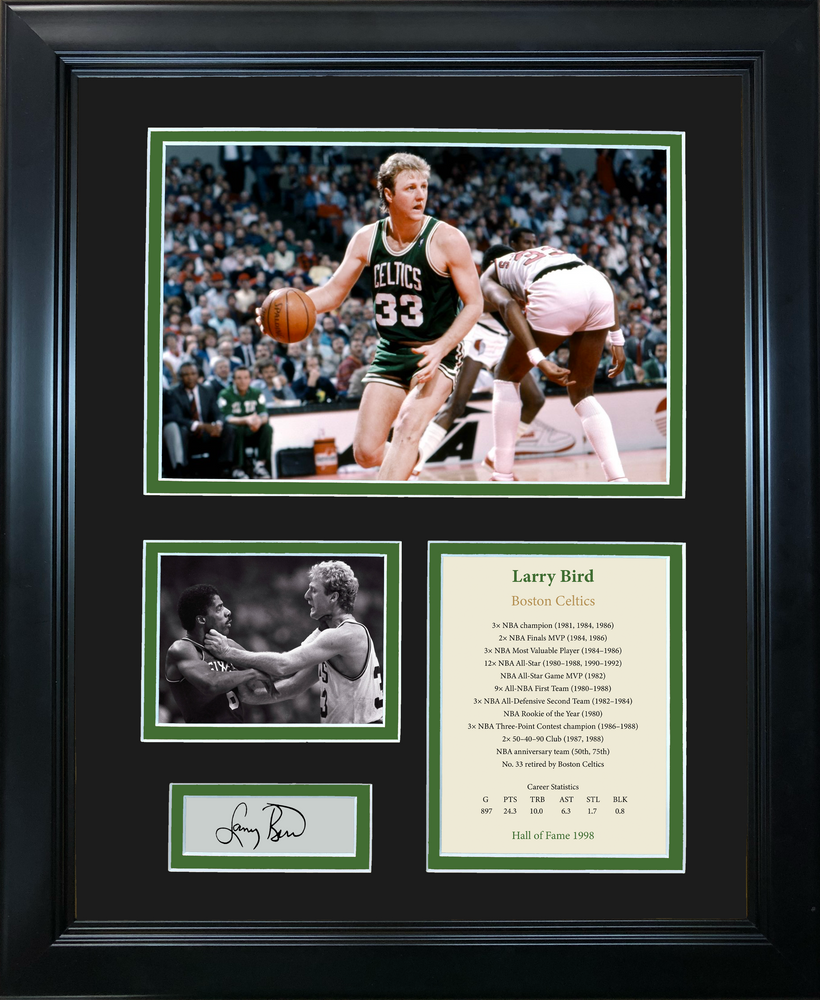 Framed Larry Bird Hall of Fame Facsimile Laser Engraved Signature Auto Boston Celtics Basketball 11"x14" Photo Sig Collage (ONLINE ORDER ONLY)