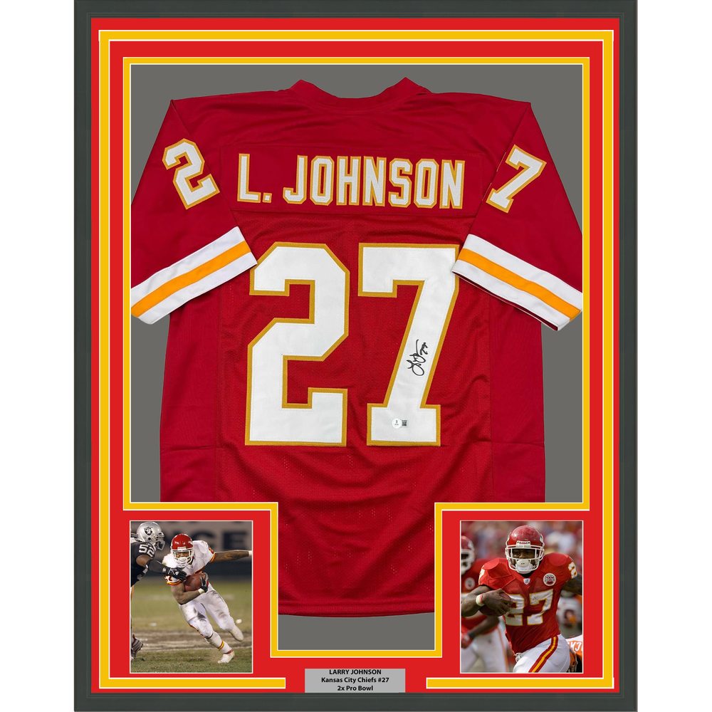 Framed Autographed/Signed Larry Johnson 35x39 Kansas City Red Football Jersey Beckett BAS COA