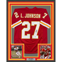 Framed Autographed/Signed Larry Johnson 35x39 Kansas City Red Football Jersey Beckett BAS COA
