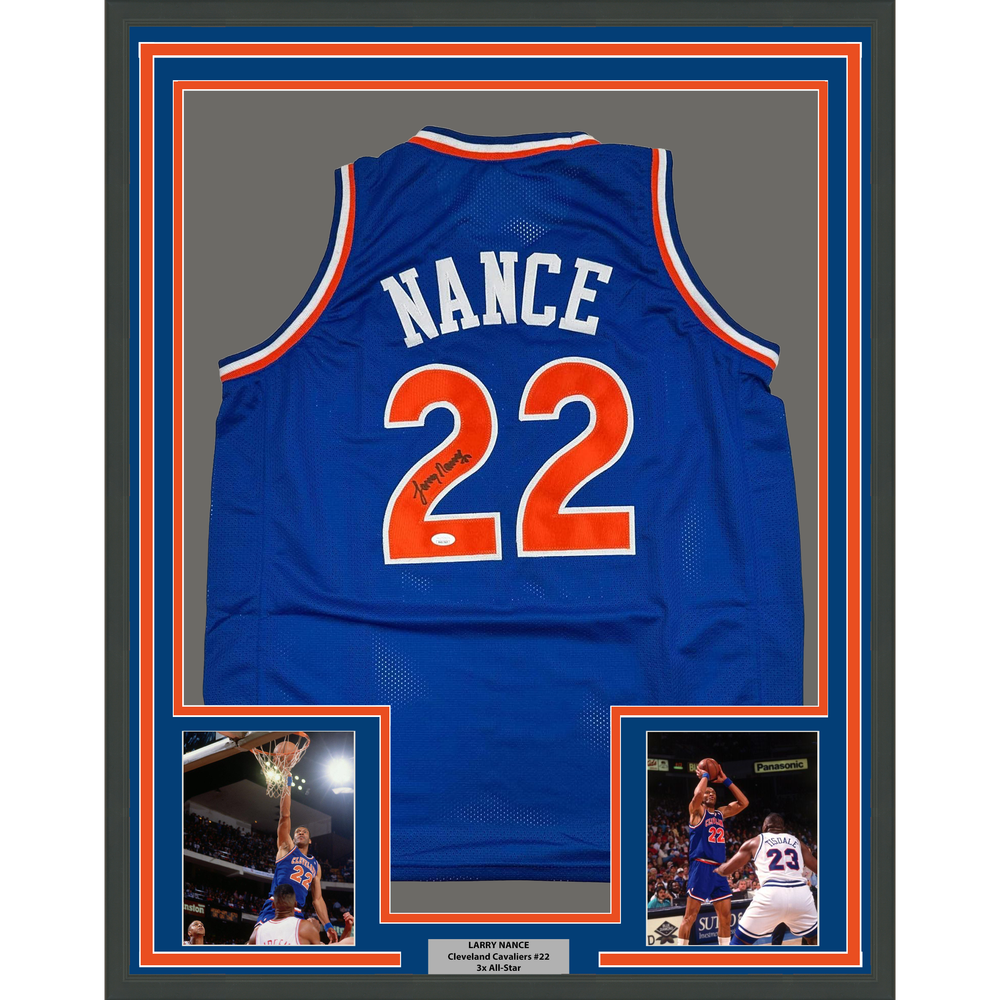 Framed Autographed/Signed Larry Nance 35x39 Cleveland Blue Basketball Jersey JSA COA