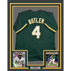 Framed Autographed/Signed Lawrence Butler 35x39 Oakland Green Baseball Jersey Beckett BAS COA