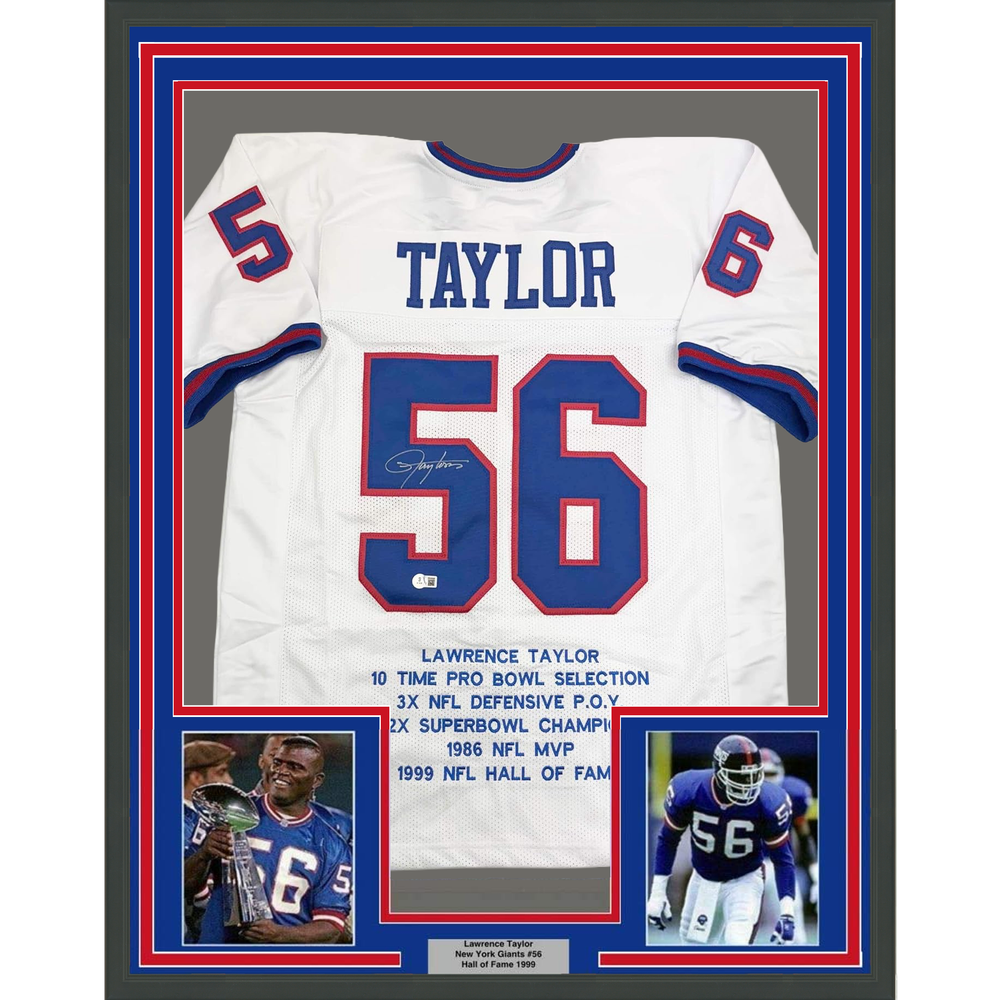 Framed Autographed/Signed Lawrence Taylor 35x39 New York White Stat Football Jersey Beckett BAS COA