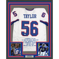 Framed Autographed/Signed Lawrence Taylor 35x39 New York White Stat Football Jersey Beckett BAS COA