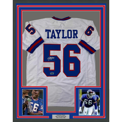 Framed Facsimile Autographed Lawrence Taylor 35x39 New York White Reprint Laser Auto Football Jersey (ONLINE ORDER ONLY)