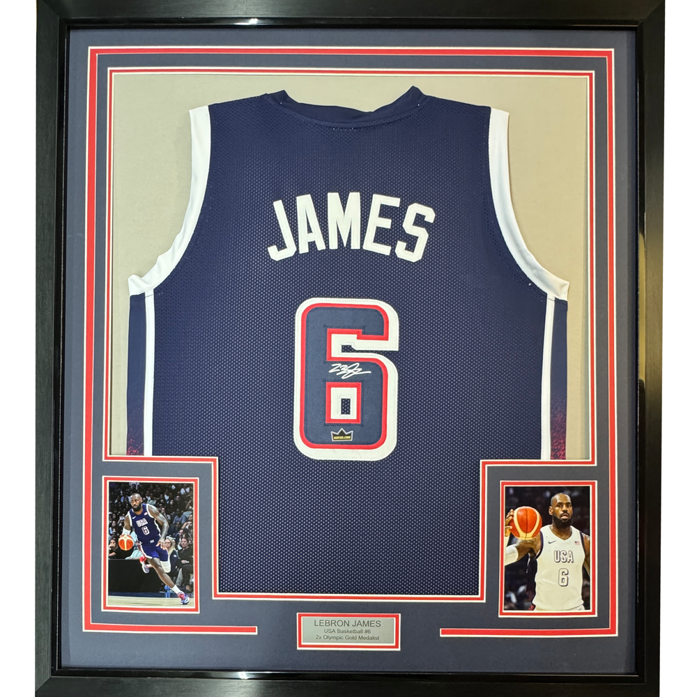 Framed Facsimile Autographed LeBron James 35x39 2024 United States Team USA Blue Reprint Laser Auto Basketball Jersey (ONLINE ORDER ONLY)
