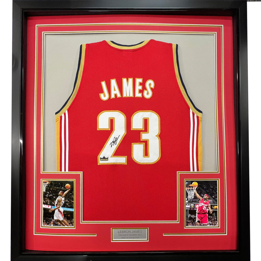 Framed Facsimile Autographed LeBron James 35x39 Cleveland Red Reprint Laser Auto Basketball Jersey (ONLINE ORDER ONLY)