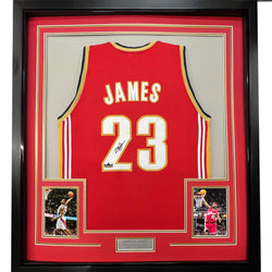 Framed Facsimile Autographed LeBron James 35x39 Cleveland Red Reprint Laser Auto Basketball Jersey (ONLINE ORDER ONLY)