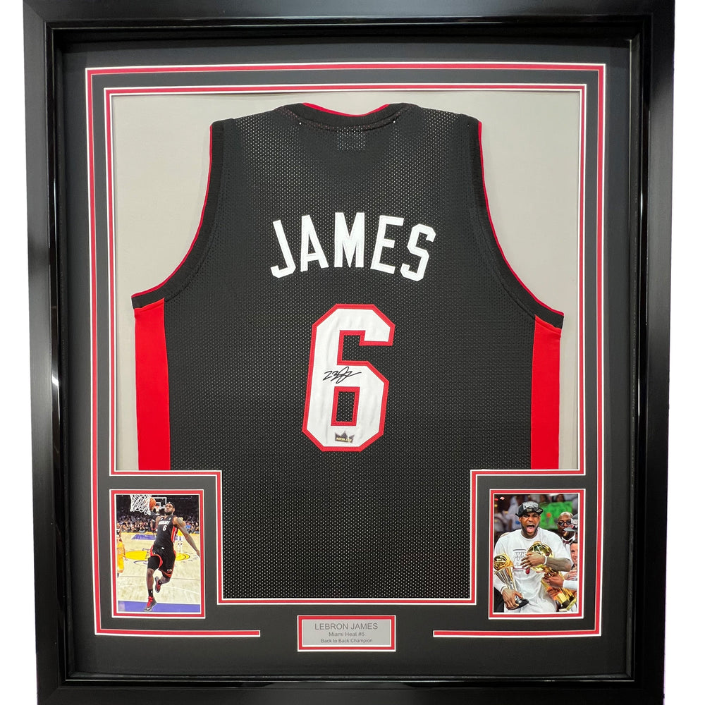 Framed Facsimile Autographed LeBron James 35x39 Miami Black Reprint Laser Auto Basketball Jersey (ONLINE ORDER ONLY)