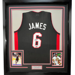 Framed Facsimile Autographed LeBron James 35x39 Miami Black Reprint Laser Auto Basketball Jersey (ONLINE ORDER ONLY)