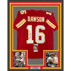 Framed Facsimile Autographed Len Dawson 35x39 Kansas City Red Reprint Laser Auto Football Jersey (ONLINE ORDER ONLY)