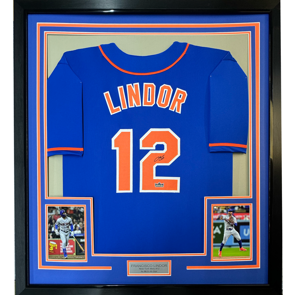 Framed Facsimile Autographed Francisco Lindor 35x39 New York Blue Reprint Laser Auto Baseball Jersey (ONLINE ORDER ONLY)
