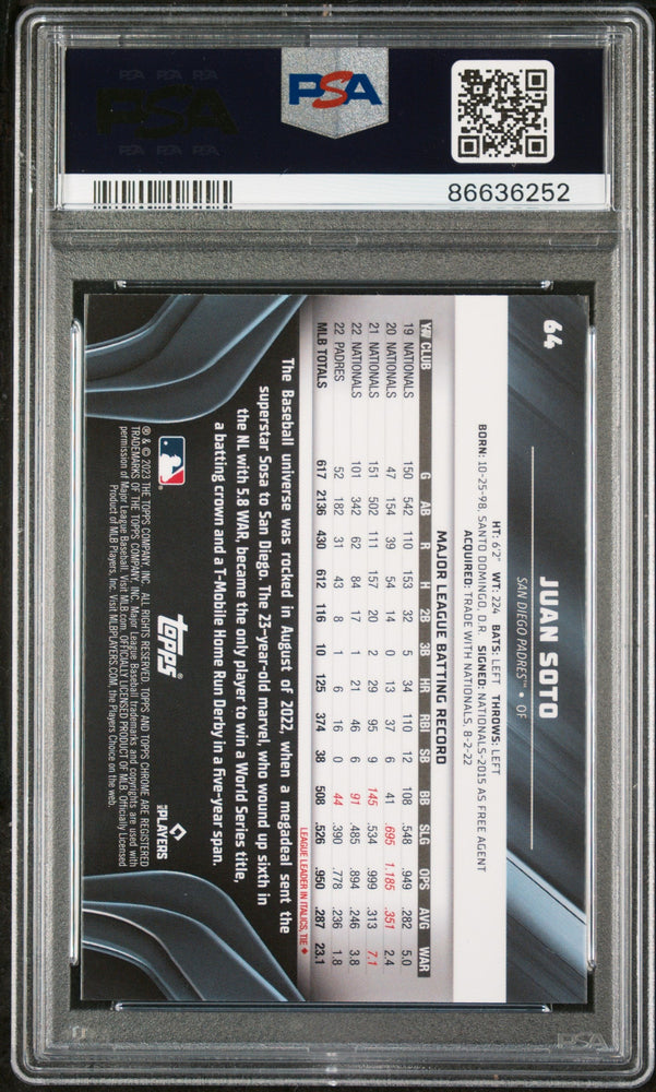 2023 TOPPS CHROME BLACK JUAN SOTO  #64 - PSA 10 (Online Order Only)
