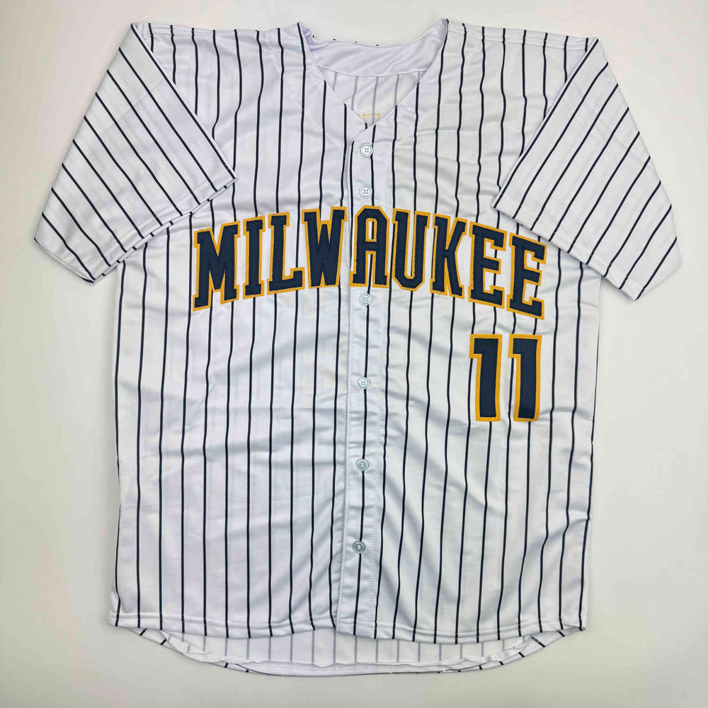 Autographed/Signed Jackson Chourio Milwaukee Pinstripe Baseball Jersey Beckett BAS COA