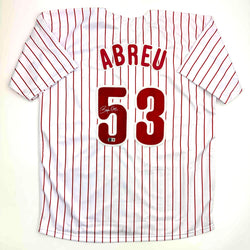 Autographed/Signed Bobby Abreu Philadelphia Pinstripe Baseball Jersey Beckett BAS COA