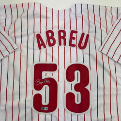 Autographed/Signed Bobby Abreu Philadelphia Pinstripe Baseball Jersey Beckett BAS COA