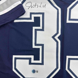 Autographed/Signed Javonte Williams Dallas Blue Football Jersey Beckett BAS COA