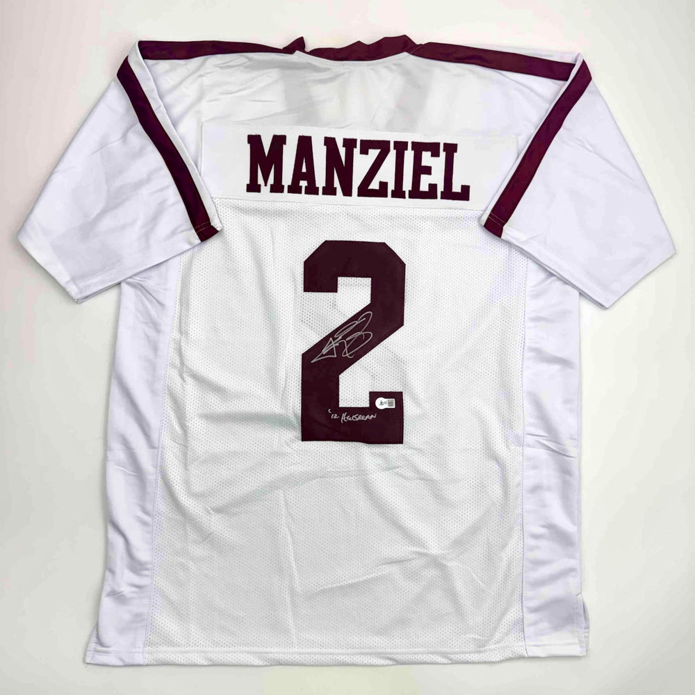 Autographed/Signed Johnny Manziel 12 Heisman Texas A&M White College Football Jersey JSA COA