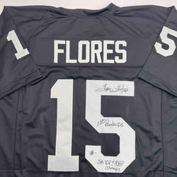 Autographed/Signed Tom Flores Las Vegas Oakland Black Football Jersey Beckett BAS COA