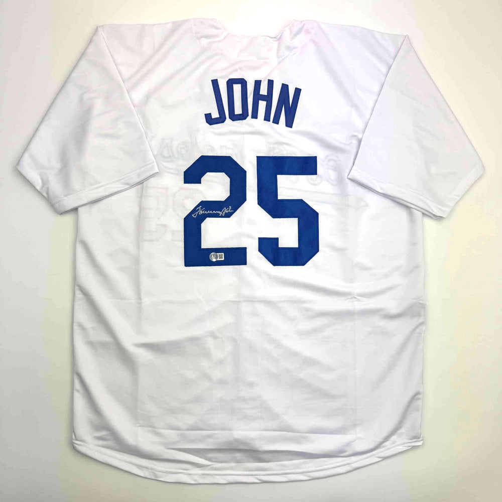 Autographed/Signed Tommy John Los Angeles White Baseball Jersey Beckett BAS COA
