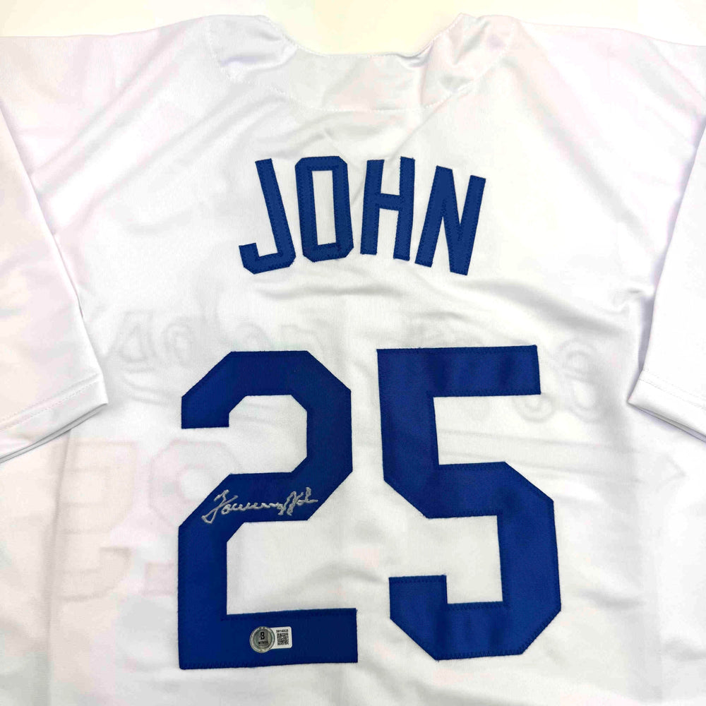 Autographed/Signed Tommy John Los Angeles White Baseball Jersey Beckett BAS COA