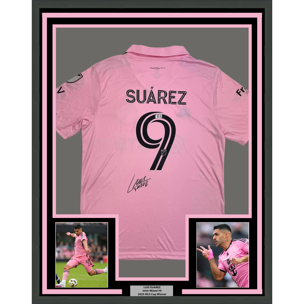 Framed Autographed/Signed Luis Suarez 35x39 Inter Miami Pink Soccer Jersey Beckett BAS COA