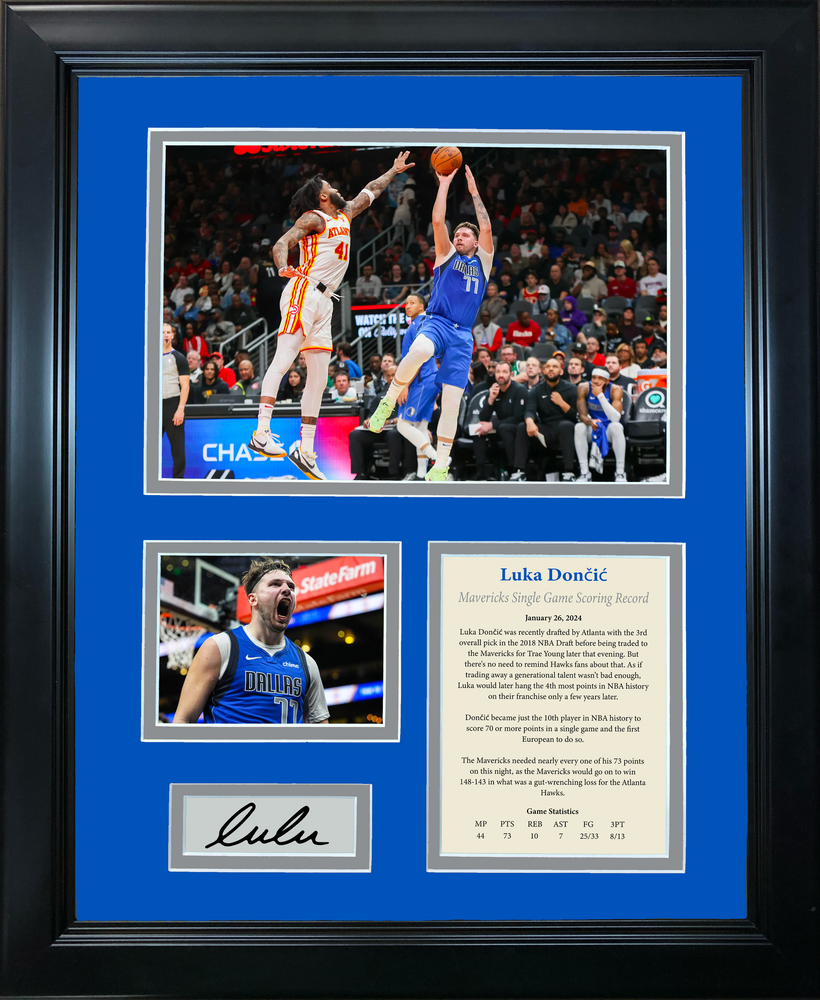Framed Luka Doncic 73 Point Game Record Facsimile Laser Engraved Signature Auto Basketball 11"x14" Photo Sig Collage (ONLINE ORDER ONLY)